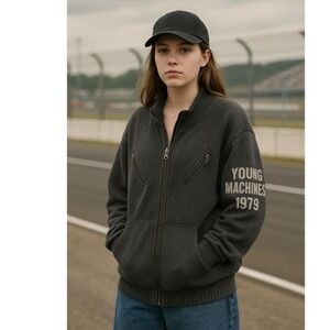 Young Machines Sweater Womans Large  1979 Dark Gray Black Zip Front Pockets